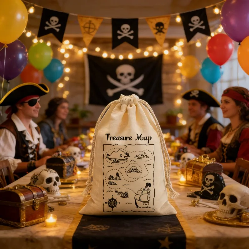 50 Stück Piraten-Schatzkarten-Geschenktüten mit Kordelzugverschluss, Schatzkisten-Beutel für Piratenpartys, Schatzsuche-Spiele, nautische Dekoration