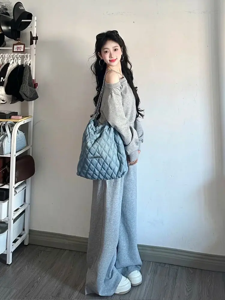 Women's Sports Suit, Button Slash-Neck Sweatshirt, Long Wide Pants, Vintage 2025