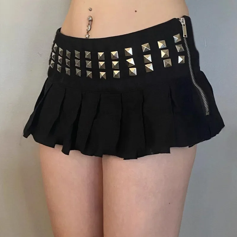 

Harajuku Retro Sexy Rivet Pleated Hot Skirt Summer New Street Gothic Punk Solid Color E-girl Mini Skirt Women's Clothing
