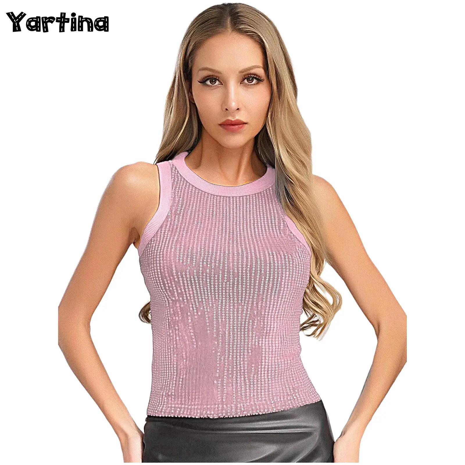 

Womens Leopard Pattern Contrast Sequin Tank Tops Leotard Camisole Fashion Slim Fit Party Vest Rave Slim Fitted Sporty Vest Tops