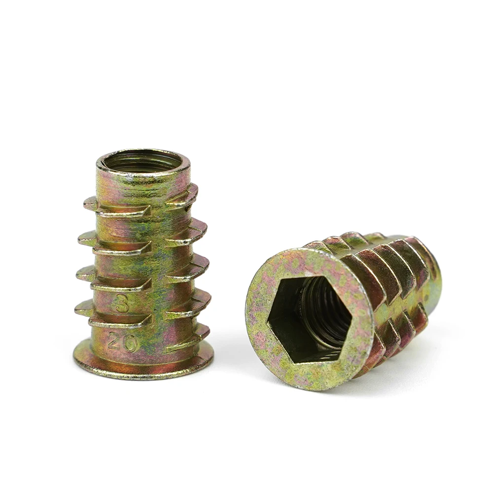 Hex Drive Threaded Insert Nut Zinc Plated Carbon Steel M4 M5 M6 M8 M10 T-Type Woodworking Wood Insertnut for Wood Furniture