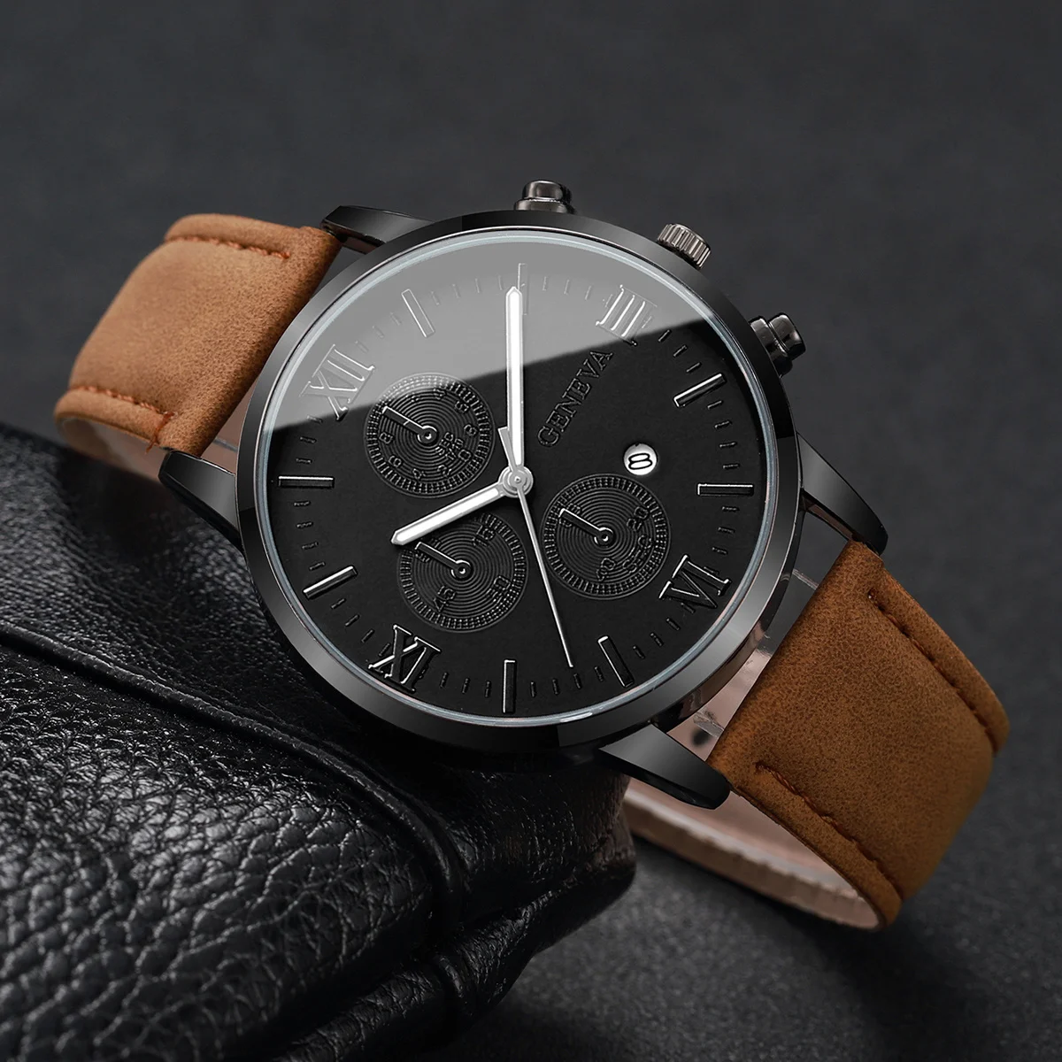 2 قطعة/المجموعة رجال الأعمال الساعات موضة روما الهاتفي تاريخ ساعة حلقة من جلد كوارتز ساعات المعصم Relogios Feminino (بدون صندوق)