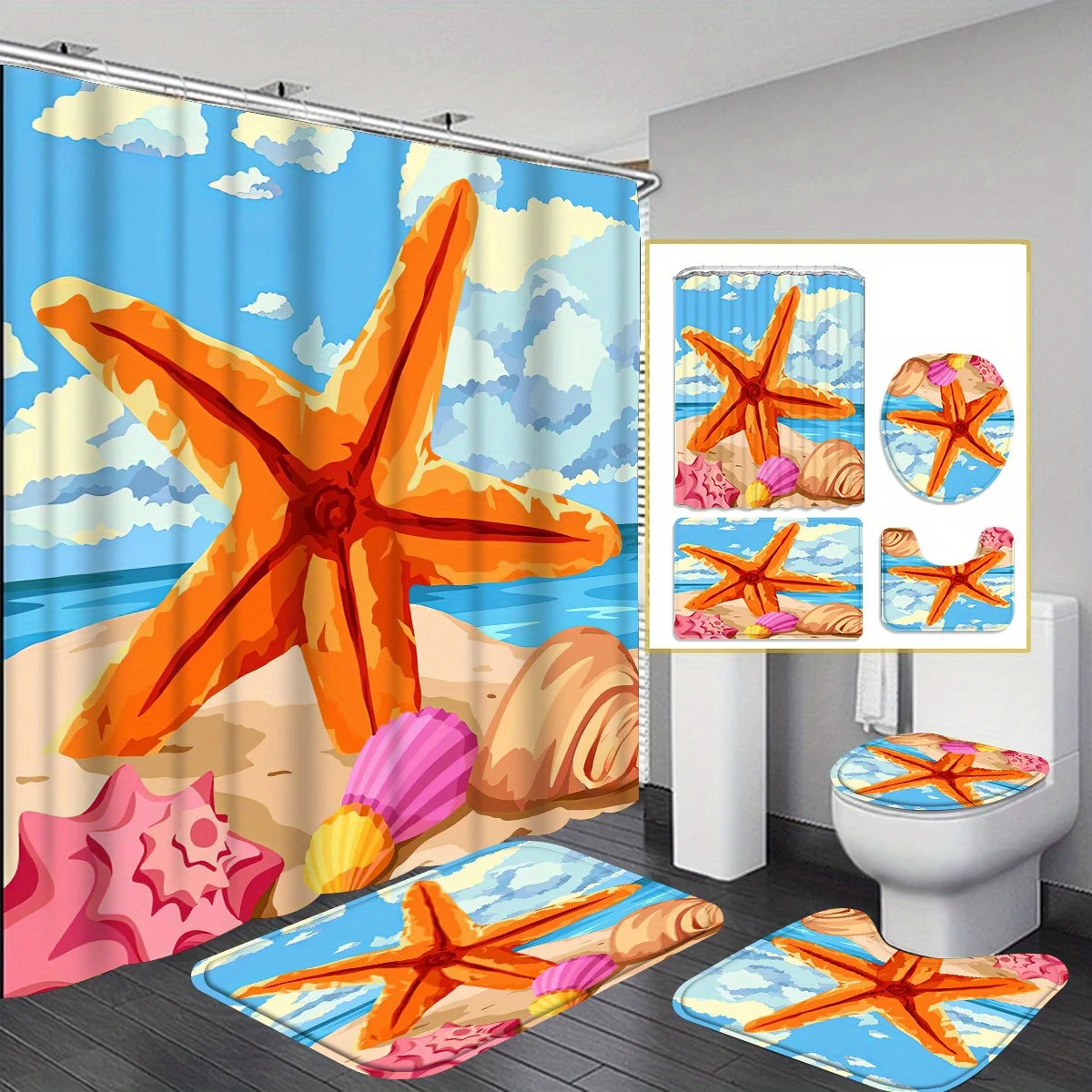 

Декоративная занавеска для душа в виде морской звезды. Набор для ванной комнаты — можно стирать в машине, с 12 крючками, включая чехол на сиденье унитаза и коврик для ванны.