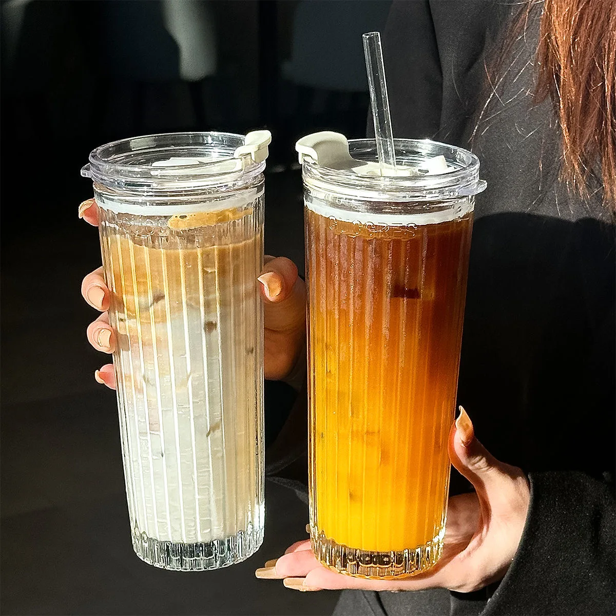 

600Ml Simple Stripe Glass Cup With Lid and Straw Transparent Bubble Tea Cup Juice Glass Beer Can Milk Mocha Cups Breakfast Mug