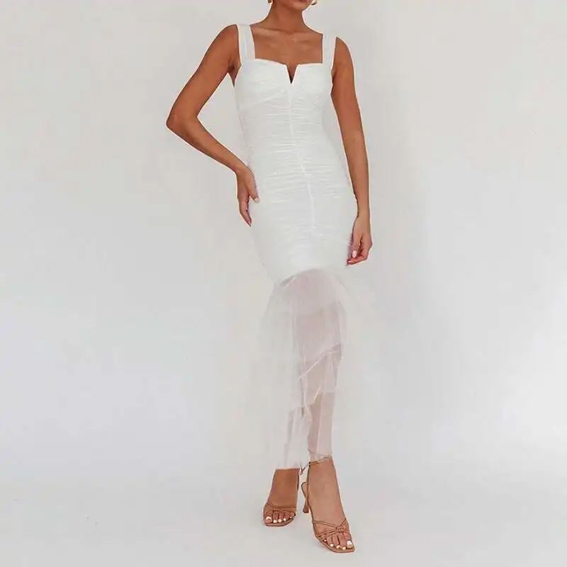 Sexy Off Shoulder Slim A-Line Elegant Solid Color Sleeveless Suspender Prom Dresses Mesh Patchwork Wrap Women's Long Dress