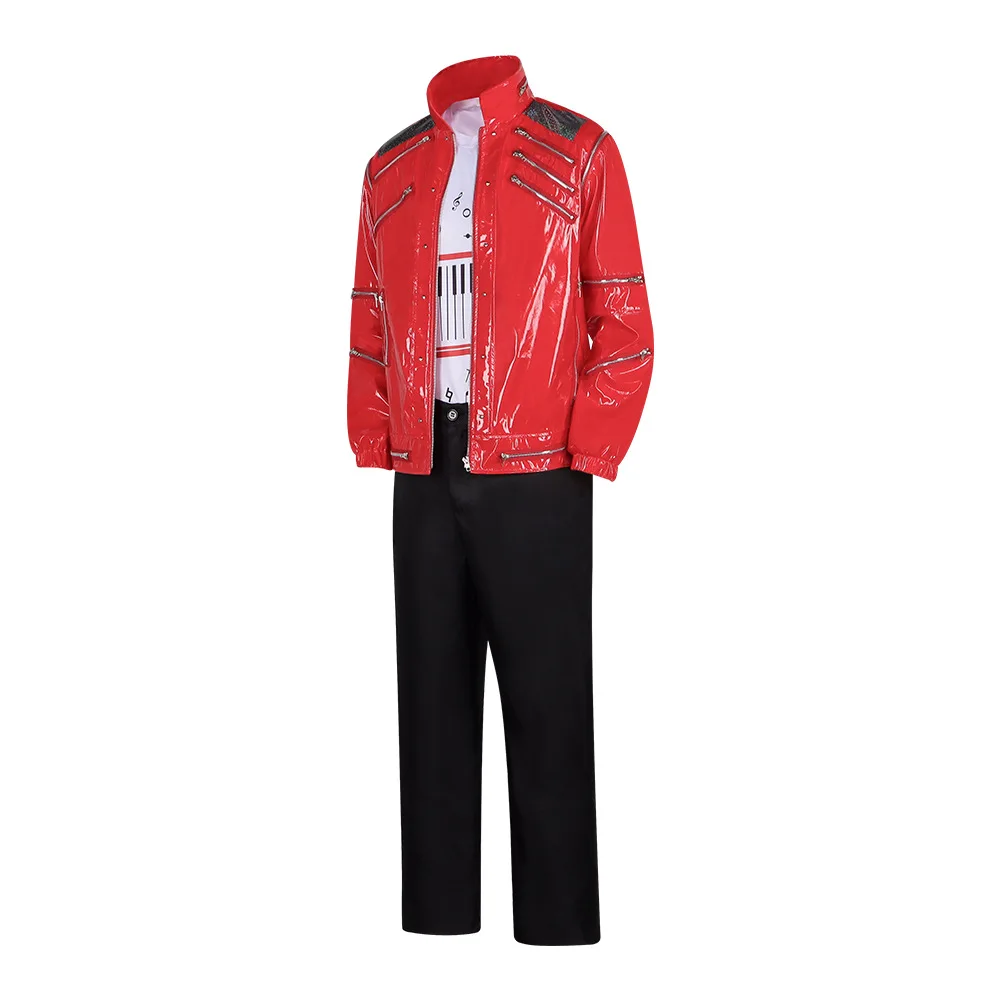 Men Red Leather Jacket Michael Jackson Cosplay Costume Music Note T-shirt Pants MJ Stage Performance Outfit Halloween Party Suit view 4