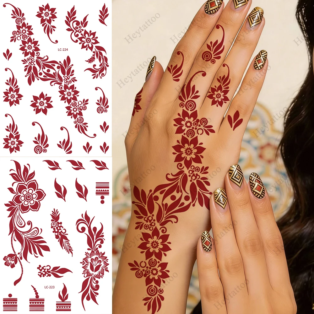 

Коричневые переводные татуировки-наклейки с хной для рук, водостойкие временные татуировки-наклейки с цветами для женщин, для свадеб, фестивалей, для рук, ног и тела