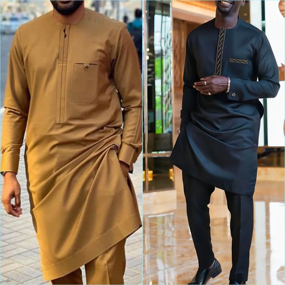 Élégant 2 Pièces Ensembles Hommes Tenue Longue Seeves Avec Poches Haut Pantalon Style Ethnique Décontracté Traditionnel Tenues Hommes Trempé