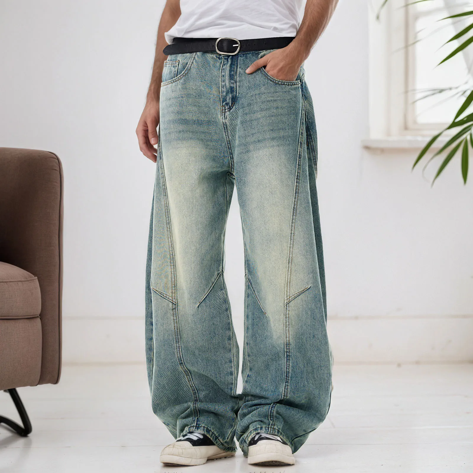 

2025 Men's Vintage Jeans Fashion Washed Street Casual Wide Leg Denim Pants Summer Distressed Loose Male Versatile Trousers