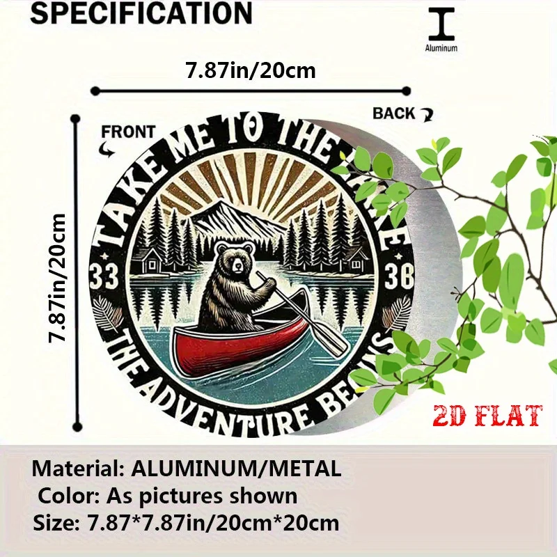 2D Flat, 1pc Vintage Rustic Round Aluminum Wall Art Sign - 7.87x7.87 Inch Adventure Spirit Metal Decor with Bear, Canoe