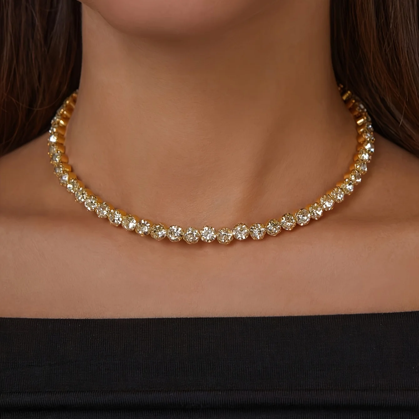 1 Piece Large Rhinestone Necklace Single-Row Choker Bridal Necklace Women's Rhinestone-Studded Personalized Stage Show Choker
