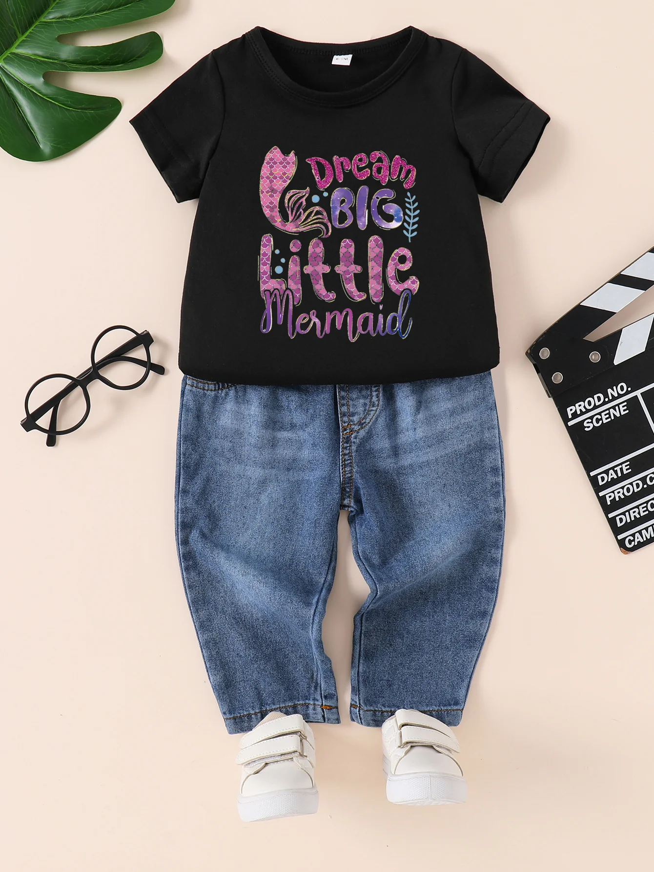 Summer New Boys and Girls Short sleeved Black T-shirt Round Neck Pullover+Denim Pants Set