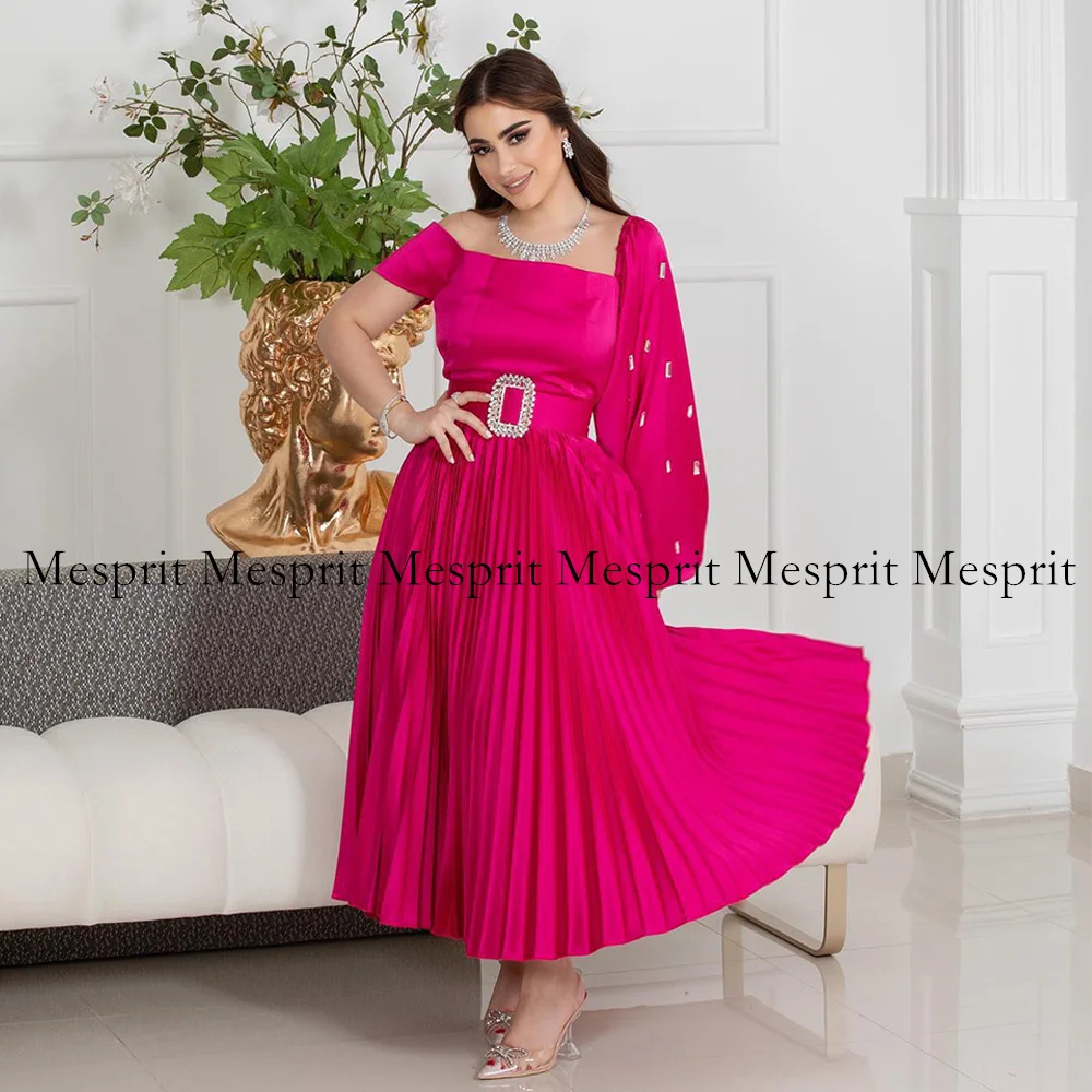 

Fuchsia Pink Evening Dress Short Long Sleeve Beadings Pleat Skirt A Line Cocktail Party Gown Saudi Arabian Formal Dresses