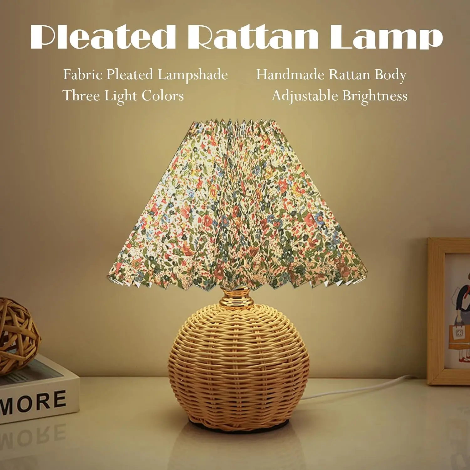 Vintage Wicker Table Light with Pleated Lampshade Bedside Lamp Farmhouse Boho Rattan Lamps for Bedroom Living Room Home Decor