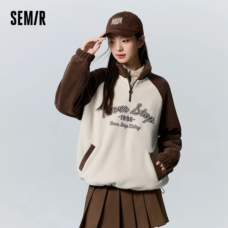 Semir Sweatshirt Women Mid-Length Polar Fleece Oversize Winter Contrasting Color Raglan Sleeve Stand Collar Embroidered Top