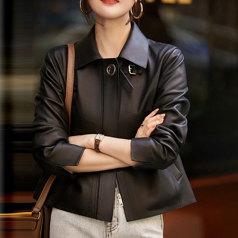 Sheepskin Coat for Women Autumn Winter Coffee Short Double Pockets Slim Lapel Motorcycle Zipper Genuine Leather Jacket Overcoat