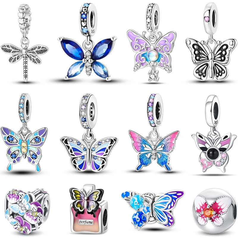 Elegante S925 plata mariposa y libélula Multicolor dijes cuentas colgante DIY joyería fina accesorios regalos