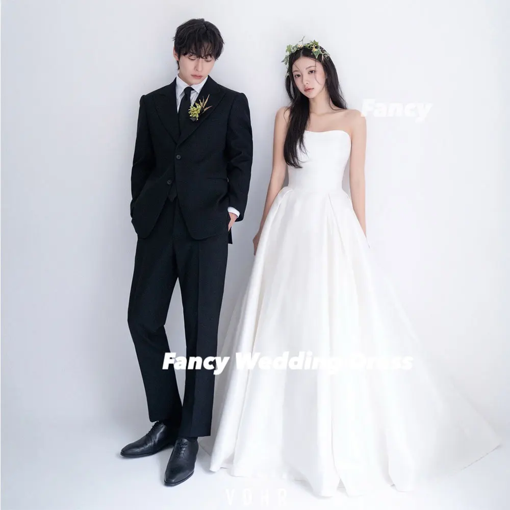 

Fancy Simple Strapless Korea Wedding Dresses Photo Shoot A Line Soft Satin Evening Dresses Corset 웨딩드레스 Customized