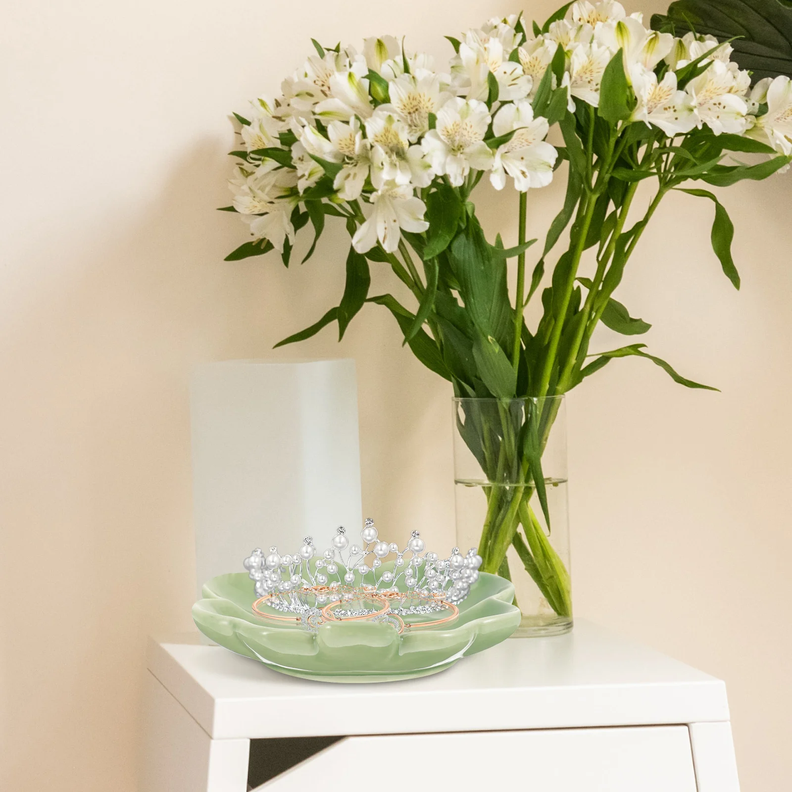 

Ceramic Four Leaf Clover Jewelry Tray Green Decor Smooth Edges Multifunctional Ring Dish Storage Plate