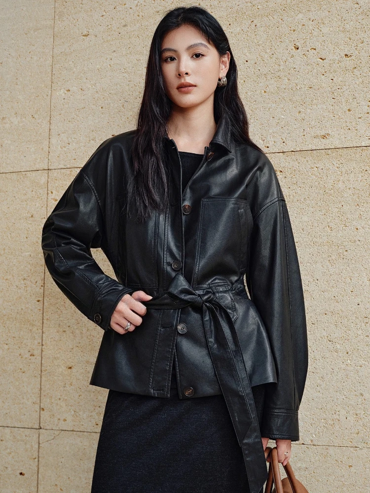 

Casual Short Genuine Leather Shirt Jackets for Women Spring Autumn High-end Simple Soft Black Real Cow Leather Coat with Belt