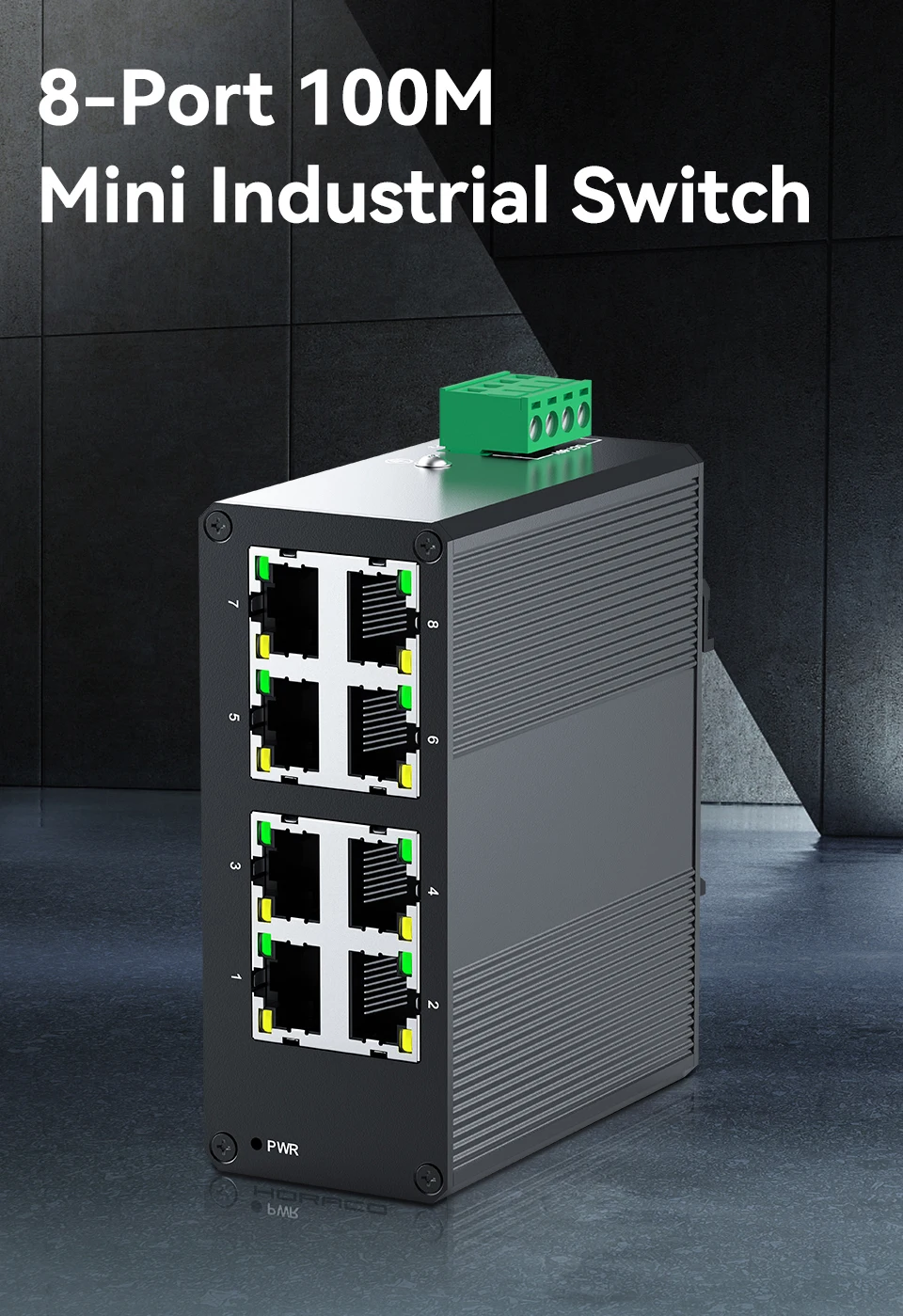 HORACO 8 Port 100 M Industrieschalter 10/100 M Mini Industrie Ethernet Netzwerk-Switch DIN-Schiene Plug-and-Play IP40-Schutz – Detail 1
