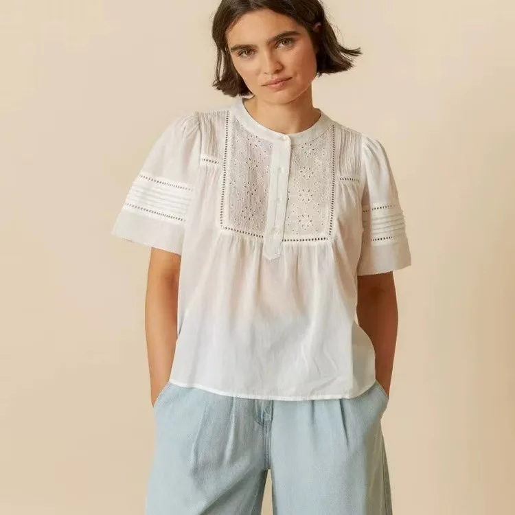 

Summer New Sweet round Ne Loose Bubble Sve irt Embroidered Lace Splicing Design French Sle Pure Cotton Women's Blouse