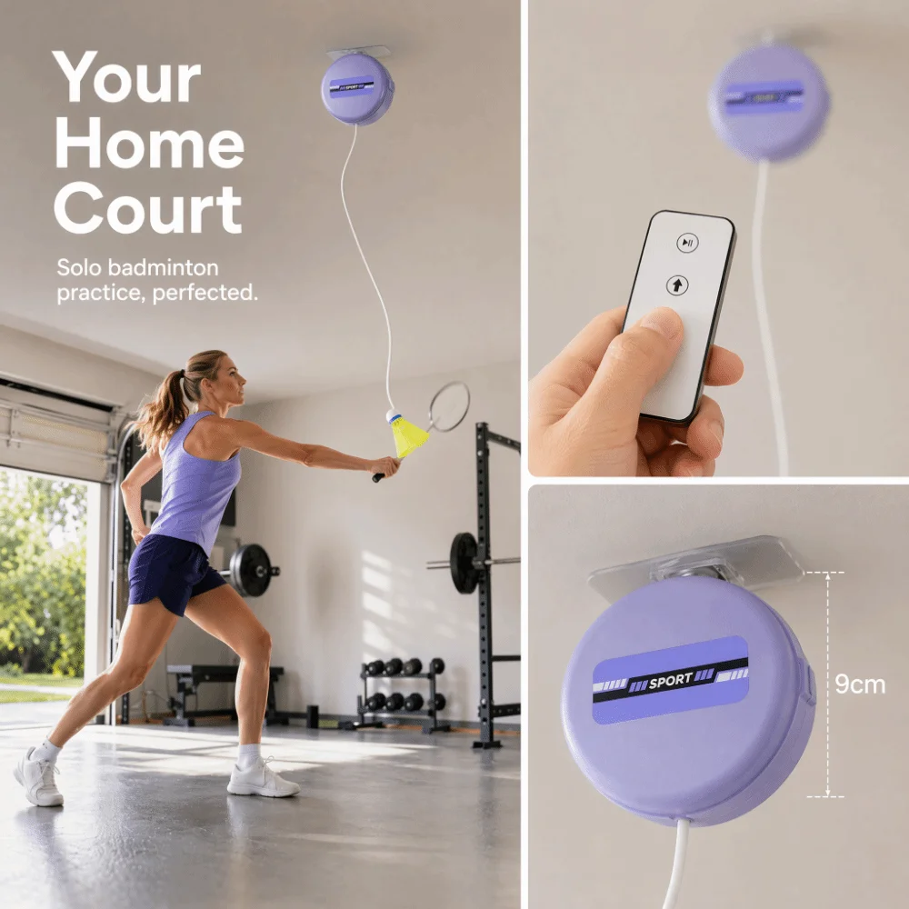 8pcs Ceiling Mounted Badminton Trainer Height Adjustable Elastic Cord Badminton Rebound Trainer Snap Button ABS