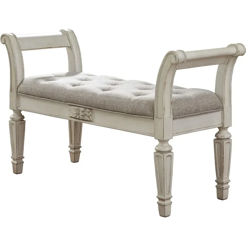 

French Country Upholstered Tufted Accent Bench, Antique White