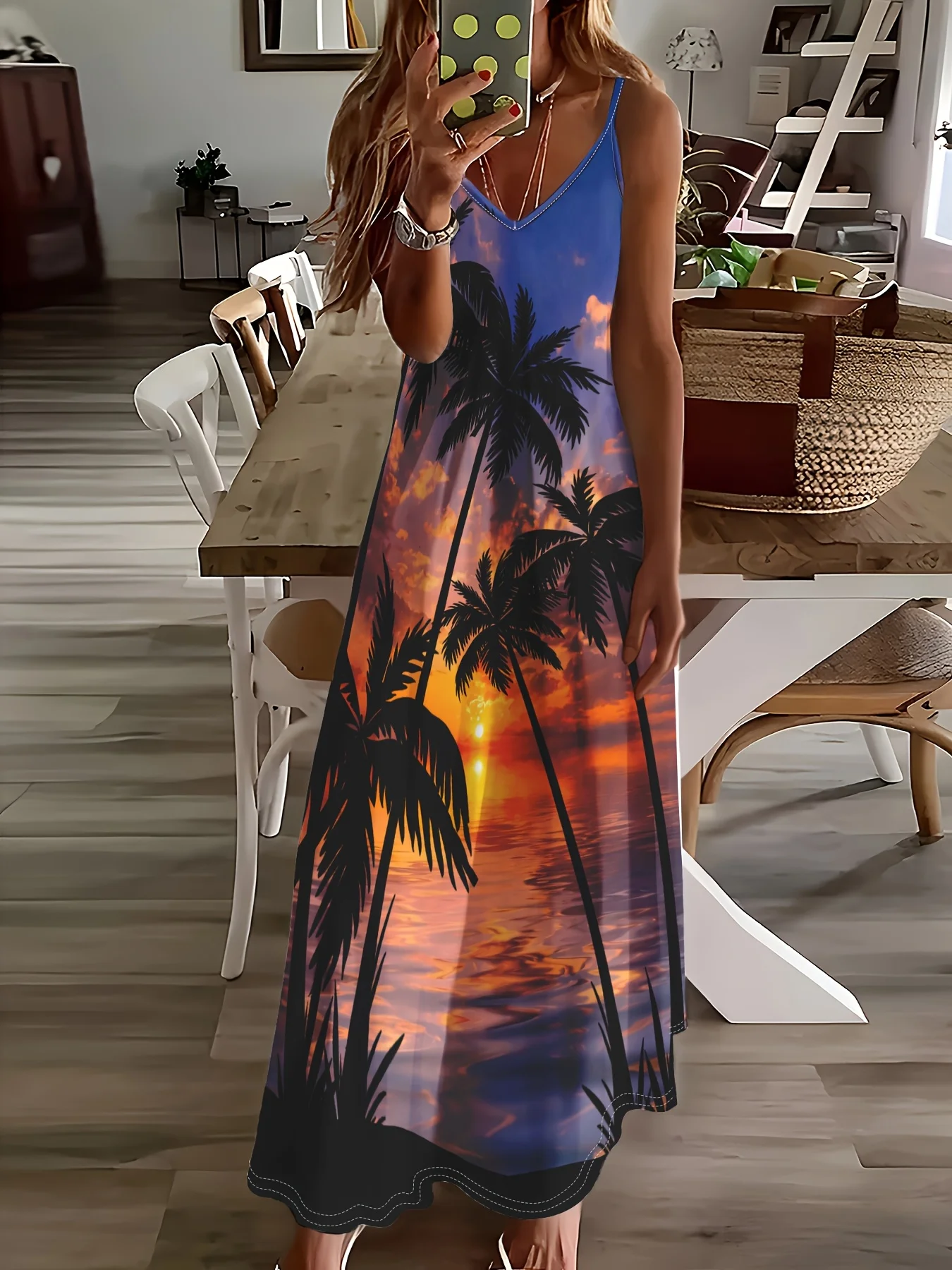 Printed Design Casual Style Personality Island Scenery Full Print Suspender Dress