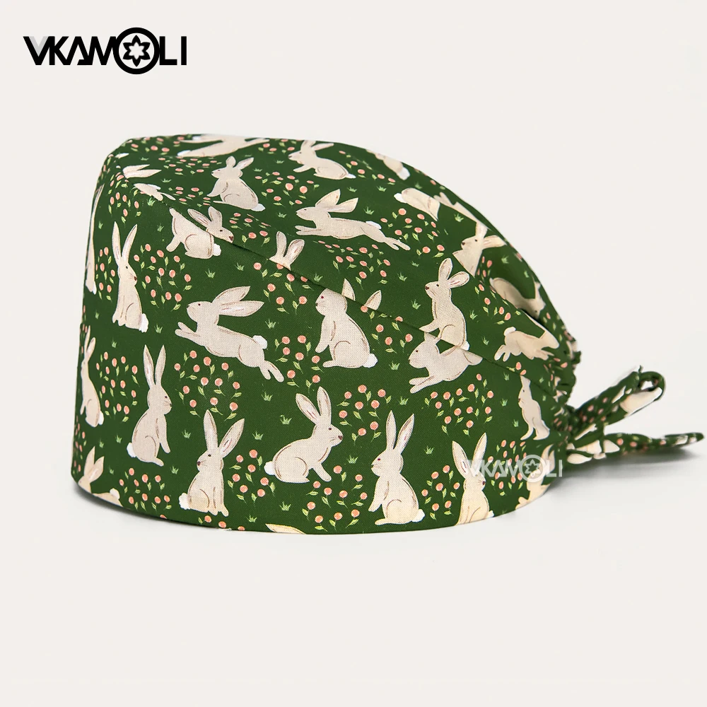 قبعة جراحية مطبوعة باللون الأخضر على شكل أرنب لطيف، طاقم غرفة العمليات لعمال الرعاية الصحية، قبعة موحدة #1