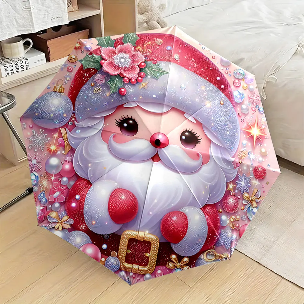 1PC Festive Santa Umbrella with Bright and Colorful Design Print 8 Iron Ribs Folding Umbrella Auto-Open Fashion Sunshade