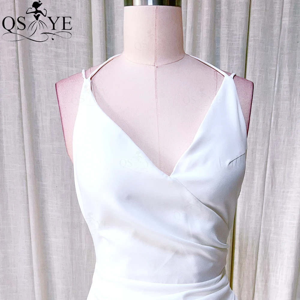 QSYYE White Satin Prom Dresses A line V neck Ruched Simple Evening Gown Empire Waist Princess White Party Gown