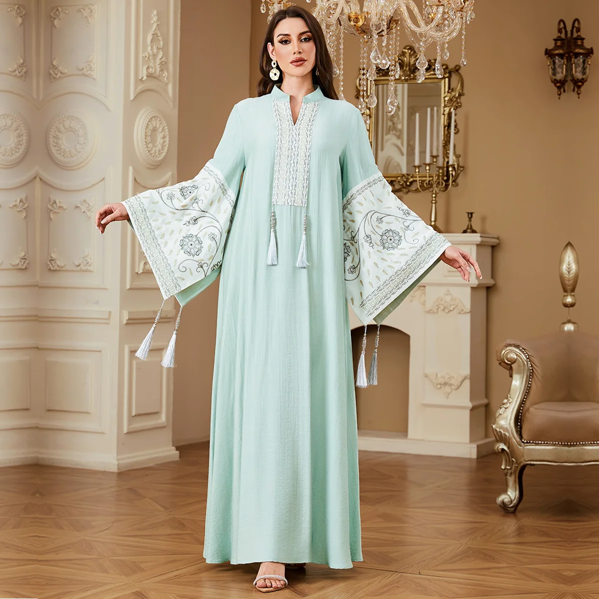 Dubai Middle East New Fashion Women's Embroidered Elegant Trendy Daily Loose Long Sleeve Spliced Abaya Female Jalabiya Clothes