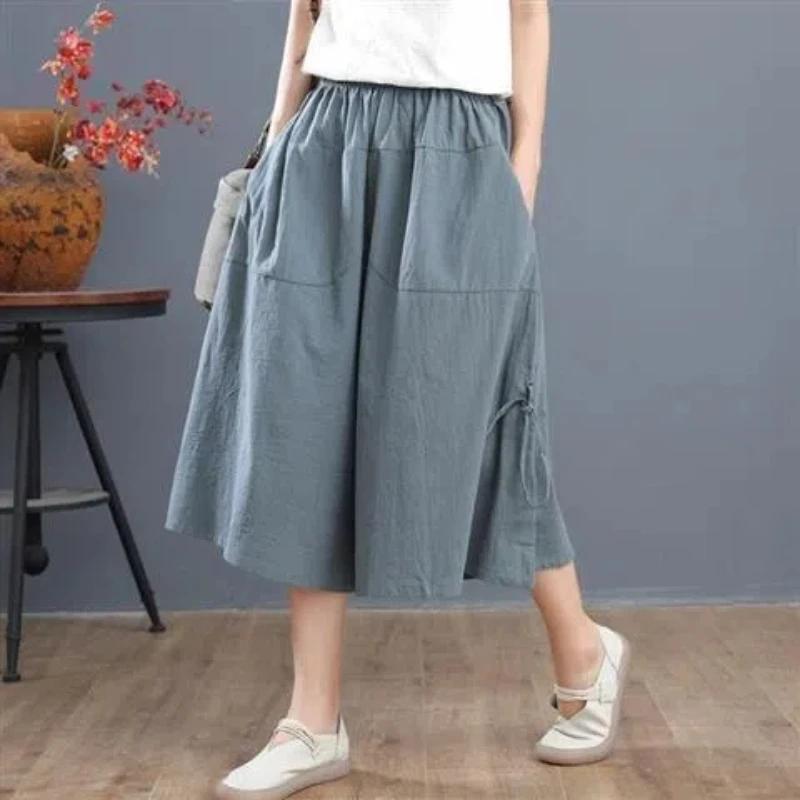 Faldas elásticas de cintura alta para mujer, pantalones holgados de algodón con bolsillos y cordón, de pierna ancha, estilo coreano, verano, 2024