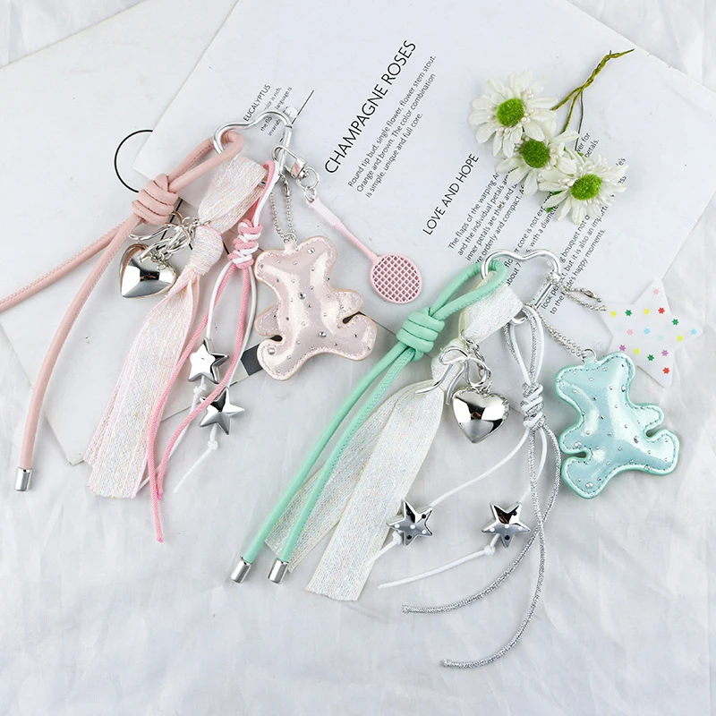 Colorful Leather Braided Rope Keychain Little Bear Charm Pendant Keyring Fashion Simple All-matching Bag Decoration Accessories