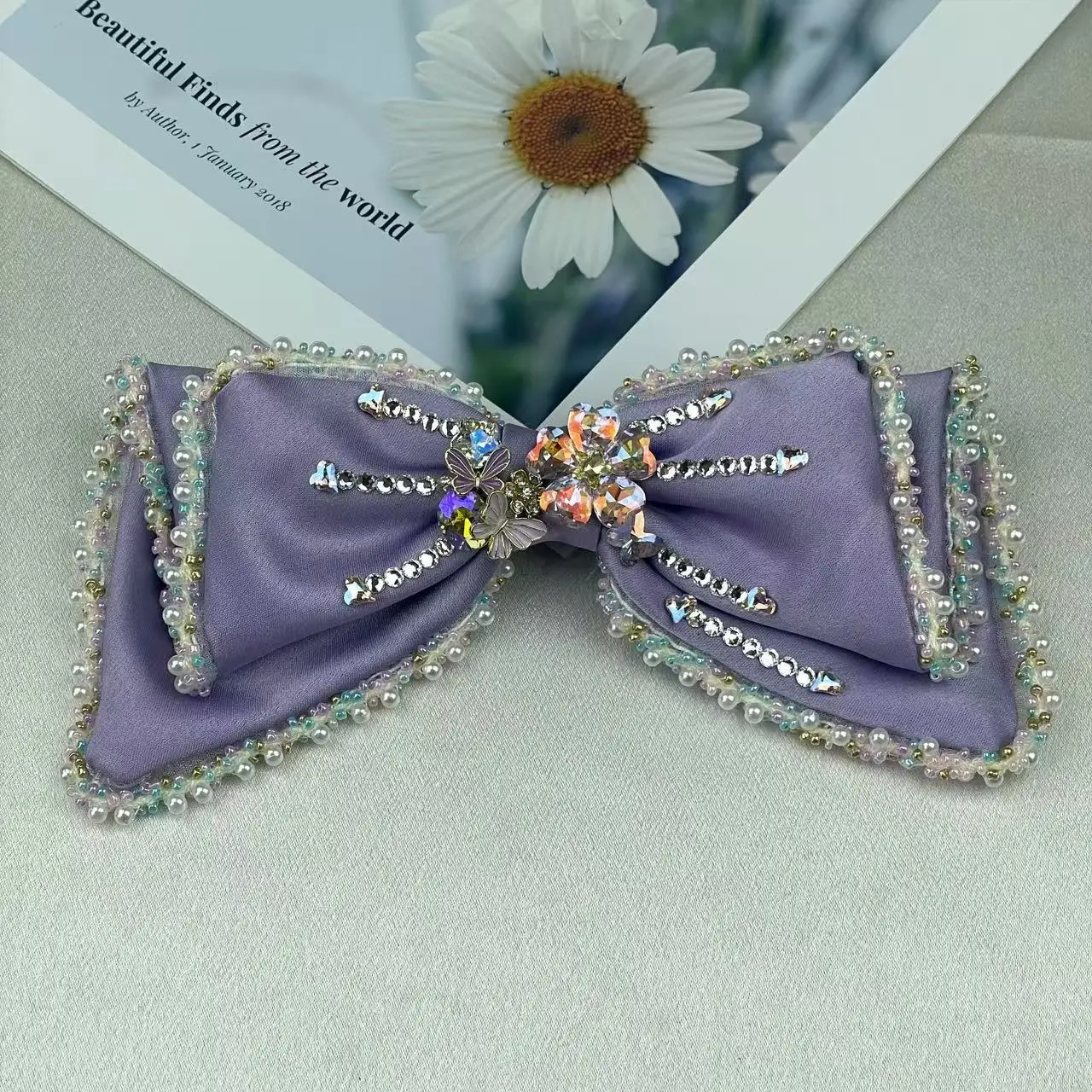 

High-End Heavy-Duty Double-Layer Satin Fairy Bow Hair Accessory with Exquisite Rhinestone Tassels and Spring Clip