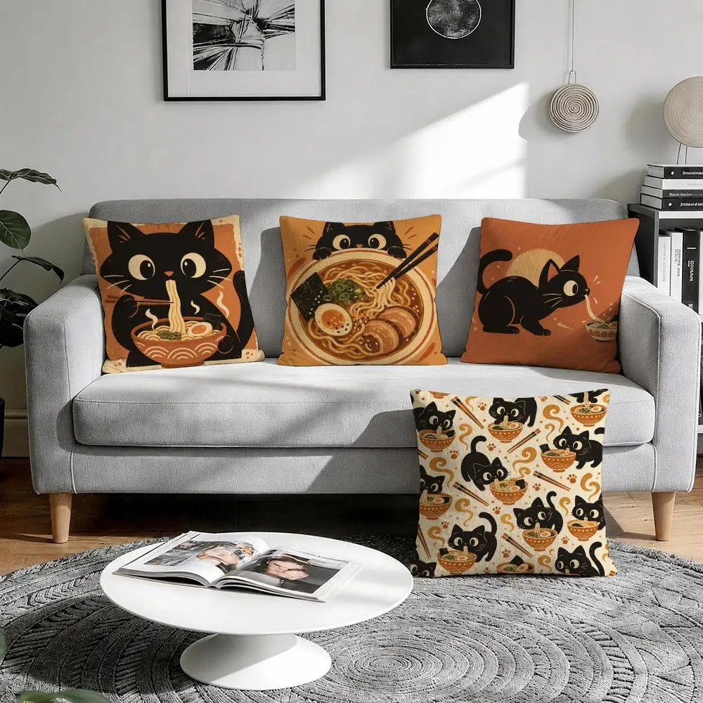 Japanese Ramen Cat Art Cushion Cover 1/4Pcs Linen Throw Pillow Covers Double-Side Print Sofa Couch Living Room Decor