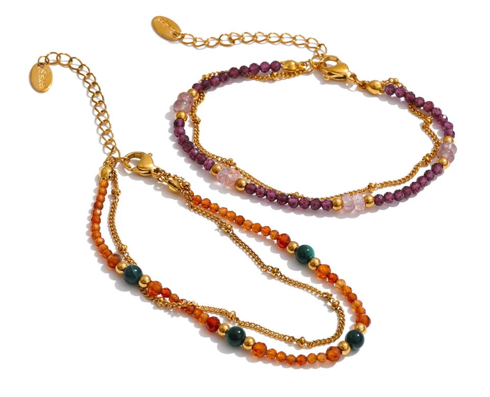 Yhpup Neuheiten Handgefertigter Schmuck Erdbeerquarz Beryll ‌ Kristallperlen-Ketten Stapelarmband Armreif PVD-Beschichtet – Detail 2