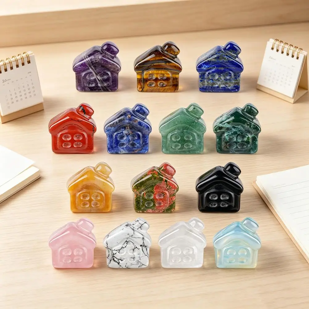Natural Stone House Decorative Stone Ornament Hand Carved Natural Stone Mini House Figurine Polished Gemstone Desktop Ornament
