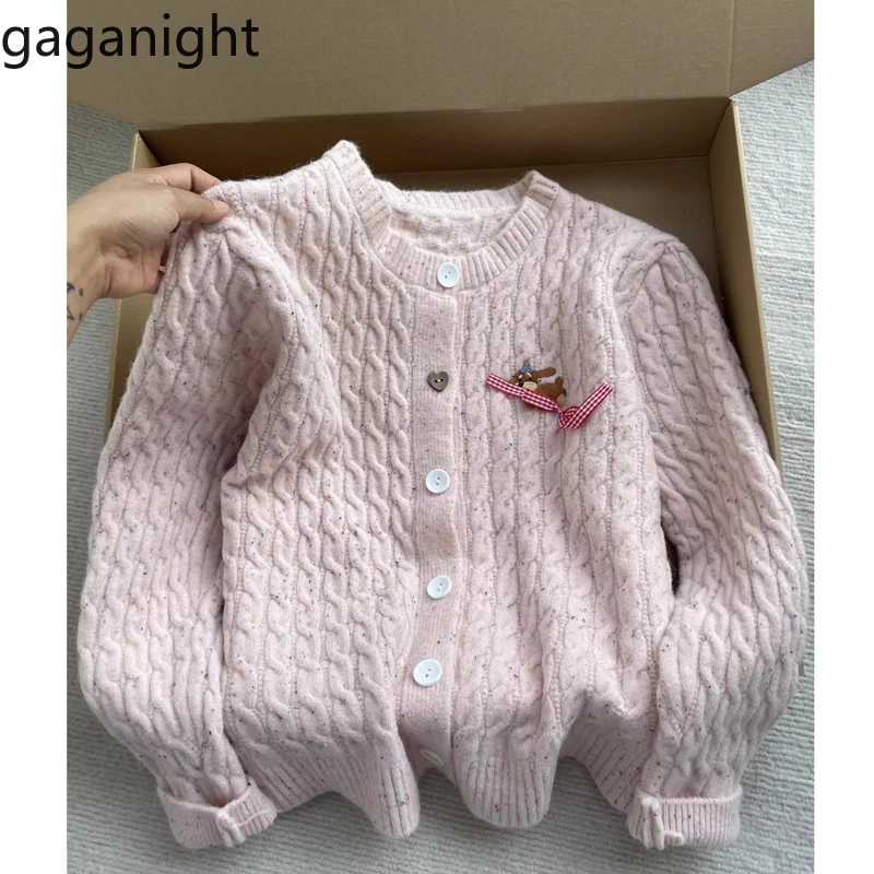 Gaganight Women O neck Versatile French Pink Embroidery Fried Dough Twists Knitted Cardigan 2024 Autumn Sweater Soft Waxy Coat