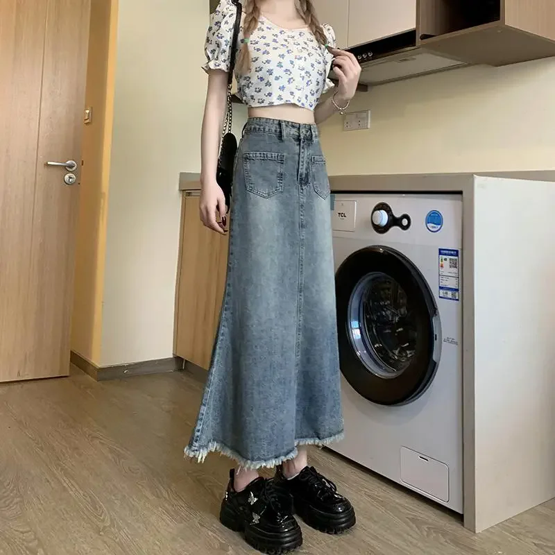 

Vintage Denim Skirt Women's Spring Summer New High Waist Slimming Stitching Fur Edge Medium Long Jeans Fishtail Skirts