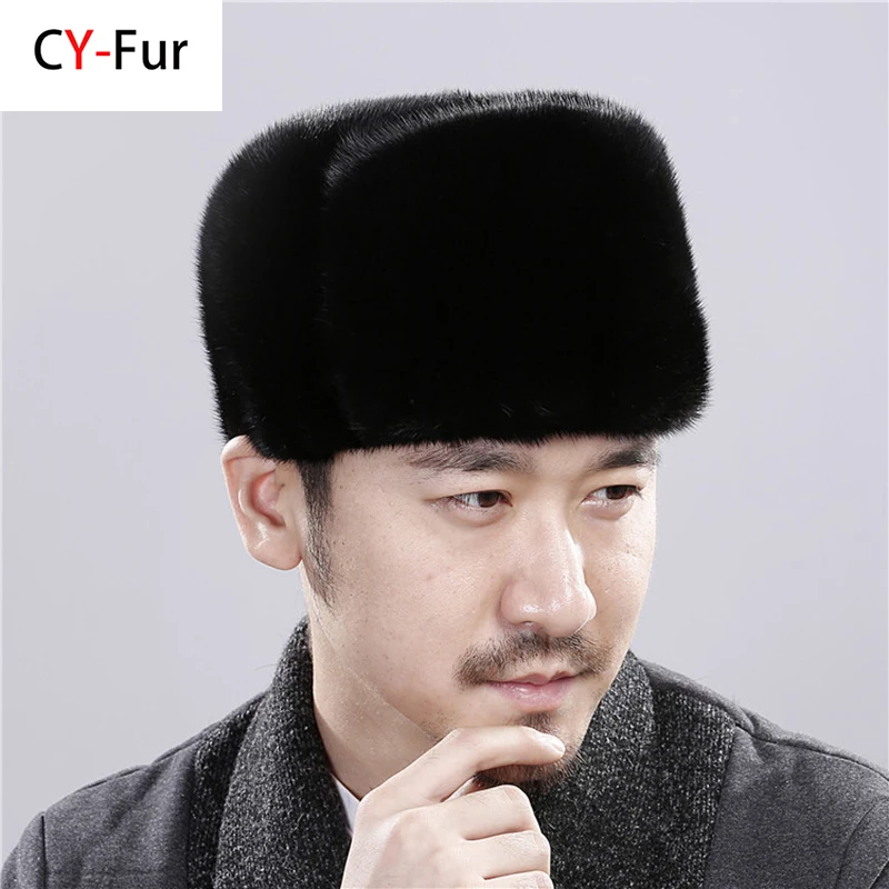 

2025 Hot Sale Winter Man Top Real Mink Fur Bomber Hat Male Genuine Marten Head Warm Black/Brown Caps Best Gift For Dad Gorras