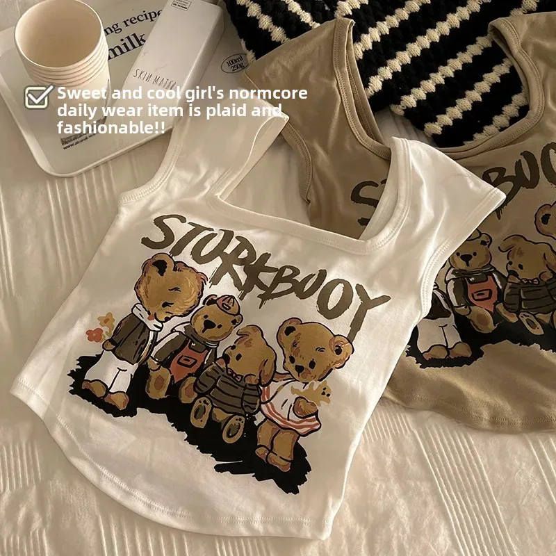 Cute Bear Printing Women Tank Sexy Hollow Out with Chest Pad Female Backless Camis Y2K Harajuku Korean Solid Slim Crop Vest