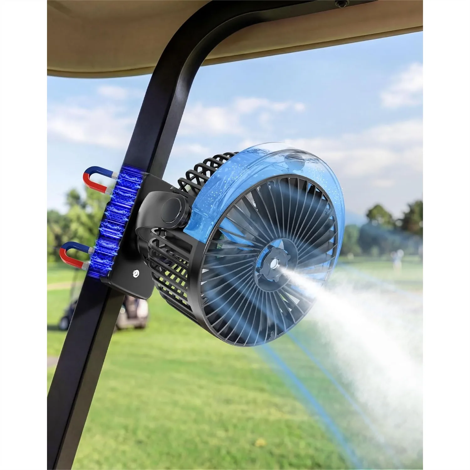 

Magnetic Golf Cart Fan With Misting 12000mAh Battery Operated Portable Fan 4 Speeds LED Lantern Universal Fit Travel Accessories