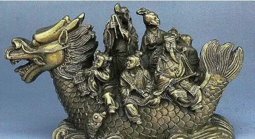 

6" Old China FengShui Brass Auspicious Eight Immortals Ride Dragon Boat Statue