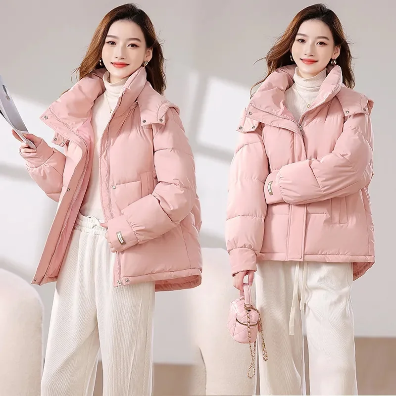 Krótka, ciepła, bawełniana kurtka puchowa damska z kapturem, nowość na zimę 2025, parki damskie w stylu koreańskim, odzież wierzchnia typu \"bread coat\", damskie topy.
