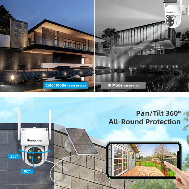 Hongnaer 4MP 360 WiFi 8 Channel IP NVR Home Surveil Solar Security PTZ Camera Set Kit System Wireless Outdoor CCTV Camera System