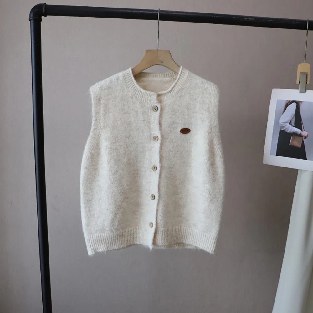 

Women Loose Sweater Vests Elegang Temperament Solid Color O-Neck Sleeveless Sweaters Coats Single Breasted Casual Knit Vest