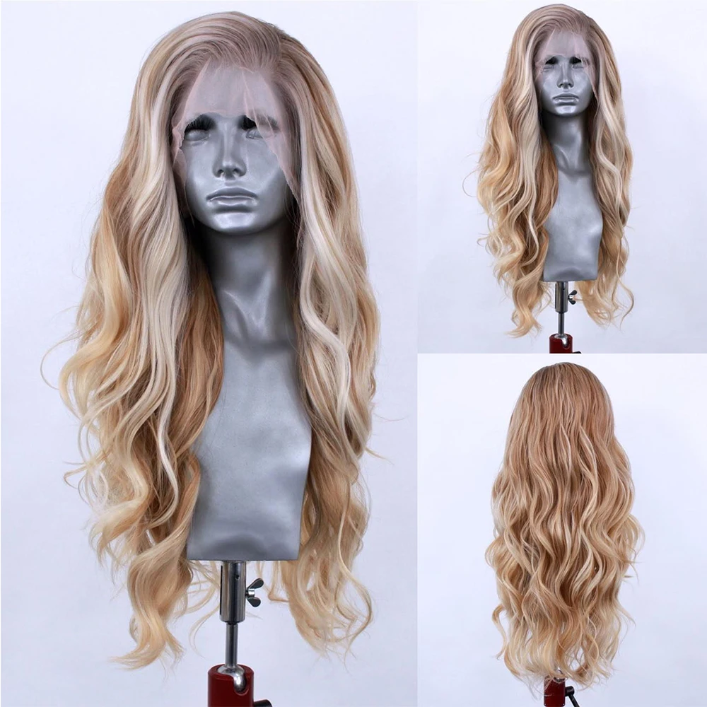 Ashy Grey Rooted Golden Blonde Highlights Lace Front Wig High Quality Heat Safe Synthetic Fiber Loose Wand Curls 150% Daily