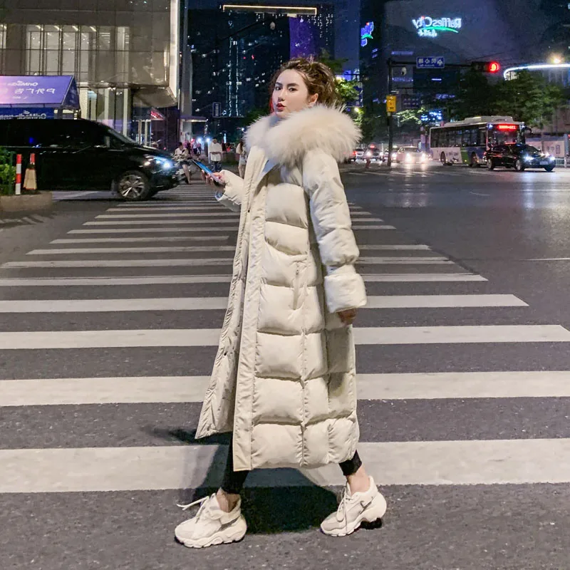 

Женское длинное хлопковое пальто ниже колена с большим меховым воротником, свободного кроя, утепленное, зимнее, в корейском стиле, повседневное, модное